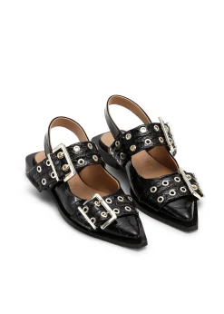 Ganni Chunky Buckle Ballerina Naplack Black Croco Fashion