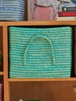 Rice Raffia Square Basket Mint Discount