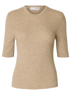 Selected Femme SLFIngrid 2/4 Knit O-neck Island Fossil Melange Sale
